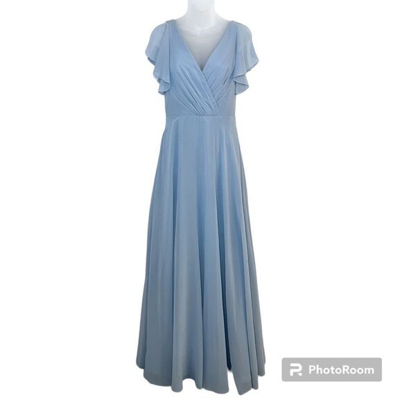 David’s Bridal Dusty Blue Long Flutter Sleeve Dress Size 2 - Picture 1 of 8